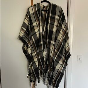 Torrid Black and Cream Plaid Poncho Sweater